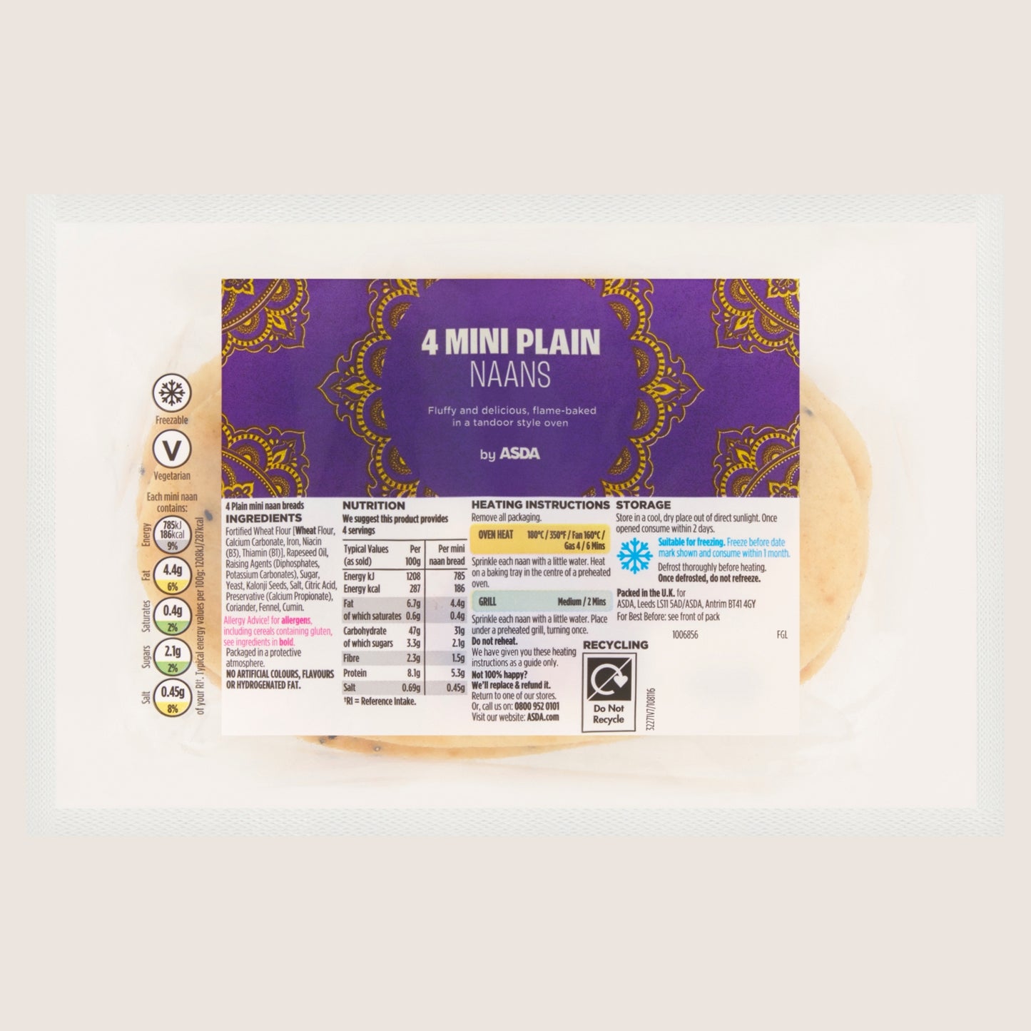ASDA 4 Mini Plain Naans No Artificial Additives
