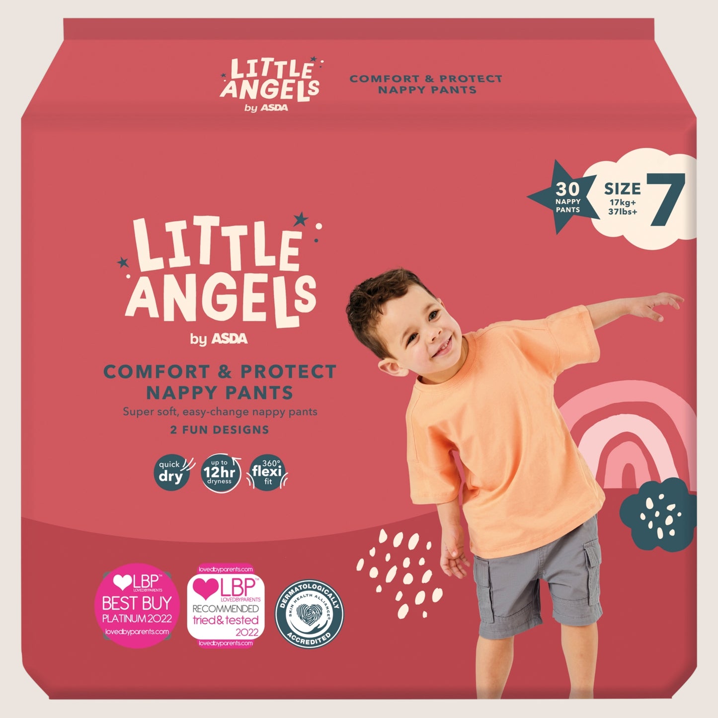 LITTLE ANGELS by ASDA Comfort & Protect Size 7 + 30 Nappy Pants Size 7 17kg