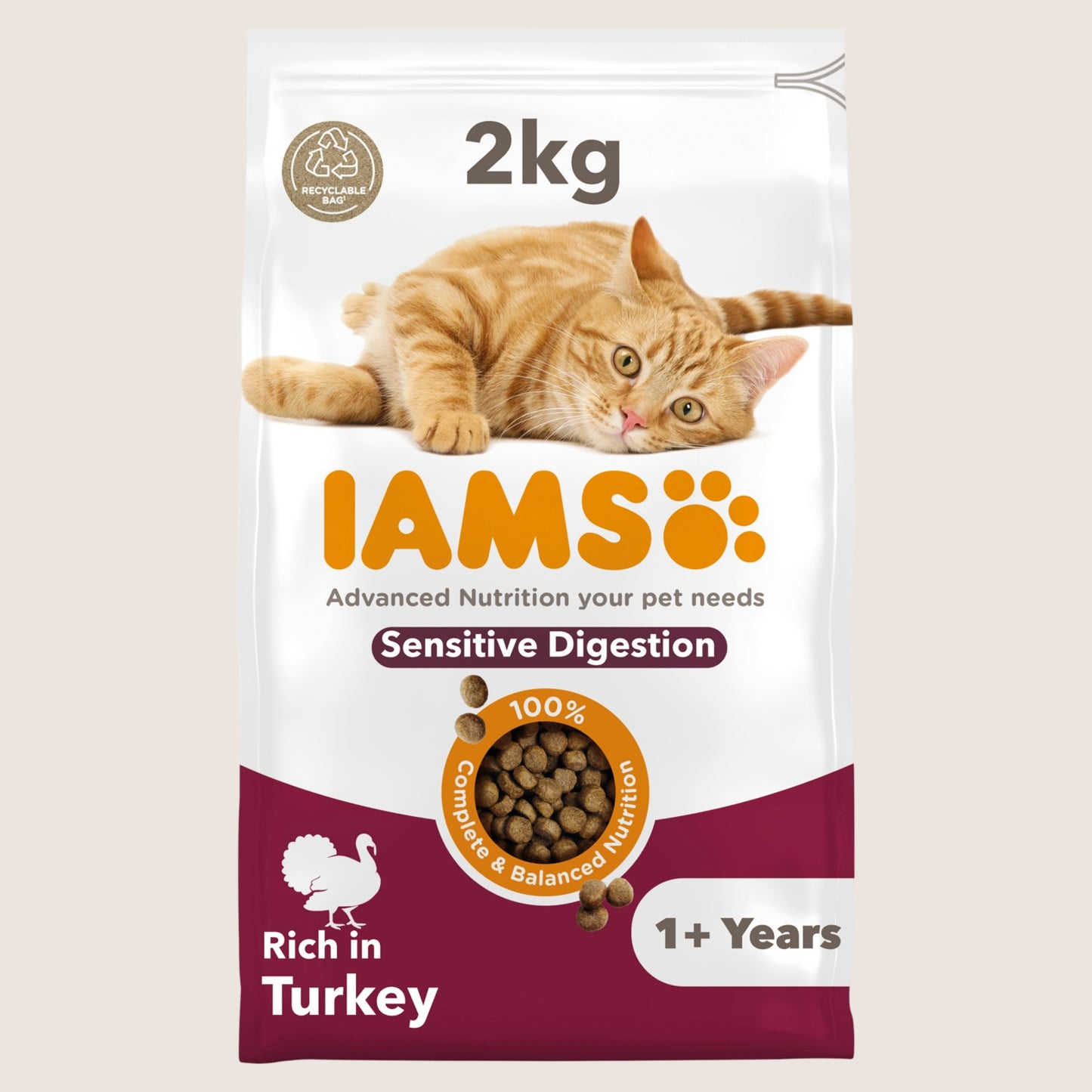 Iams Advanced Nutrition Sensitive Digestion Dry Dog Food Turkey No Artificial Additives 2kg