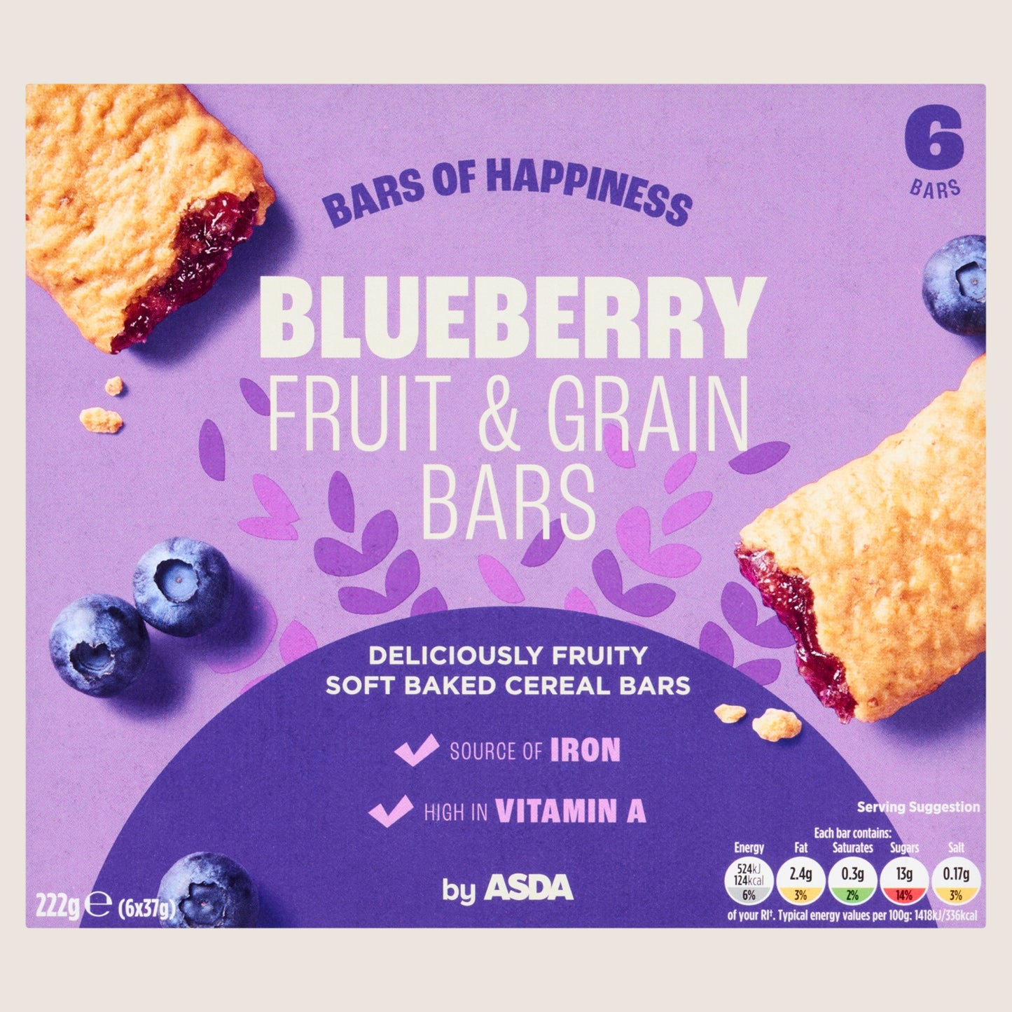 ASDA Blueberry Fruit & Grain Bars  Vitamin Fortified 6 x 37g