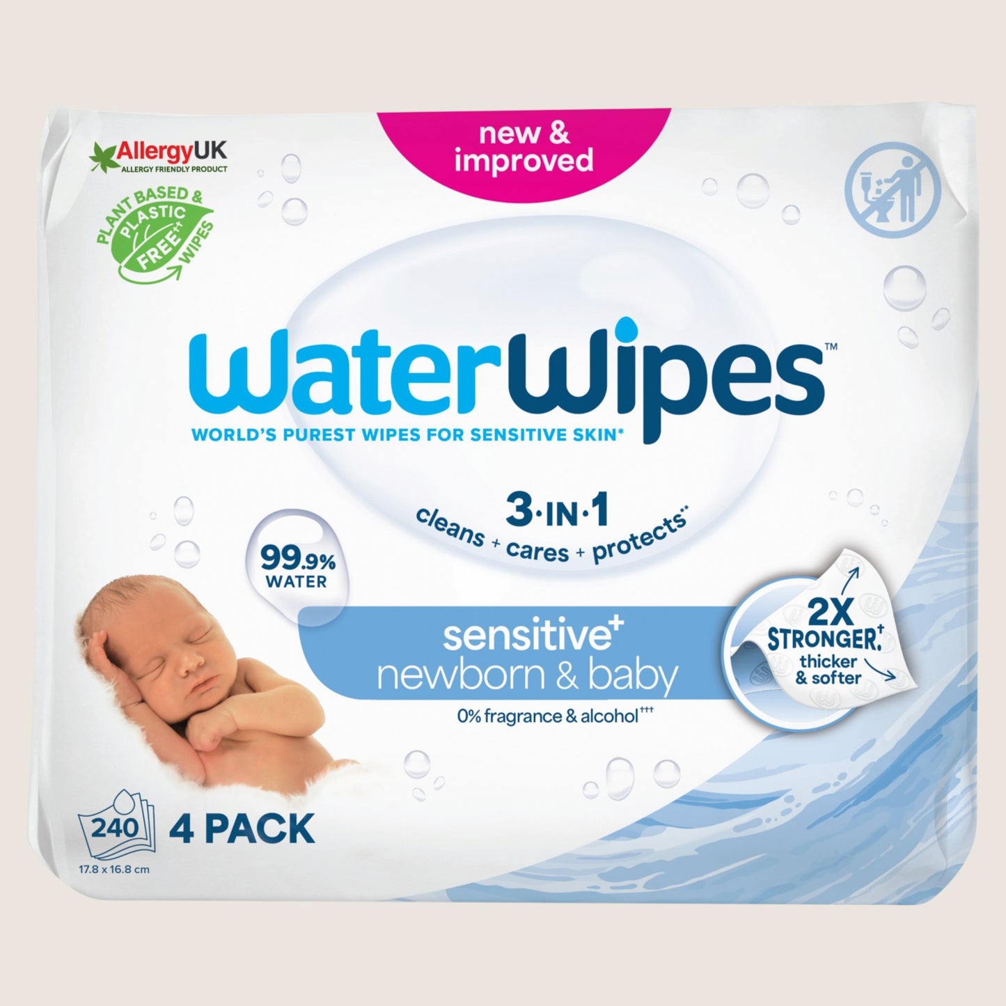 WaterWipes Sensitive+ Newborn & Baby Wipes, 3-In-1 Cleans Cares Protects, 99.9% Water Unscented Sensitive Skin 240 Count