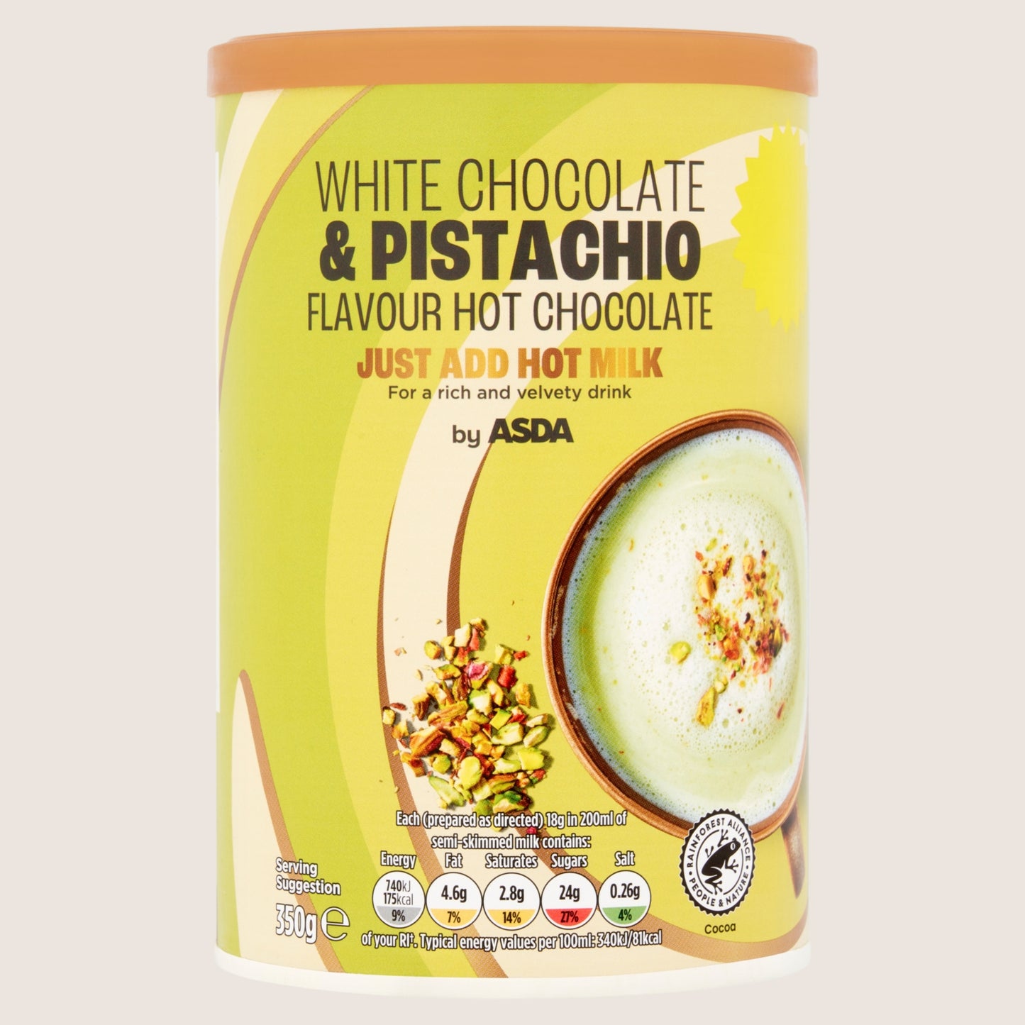 ASDA White Chocolate & Pistachio Flavour Hot Chocolate Rainforest Alliance Certified 350g
