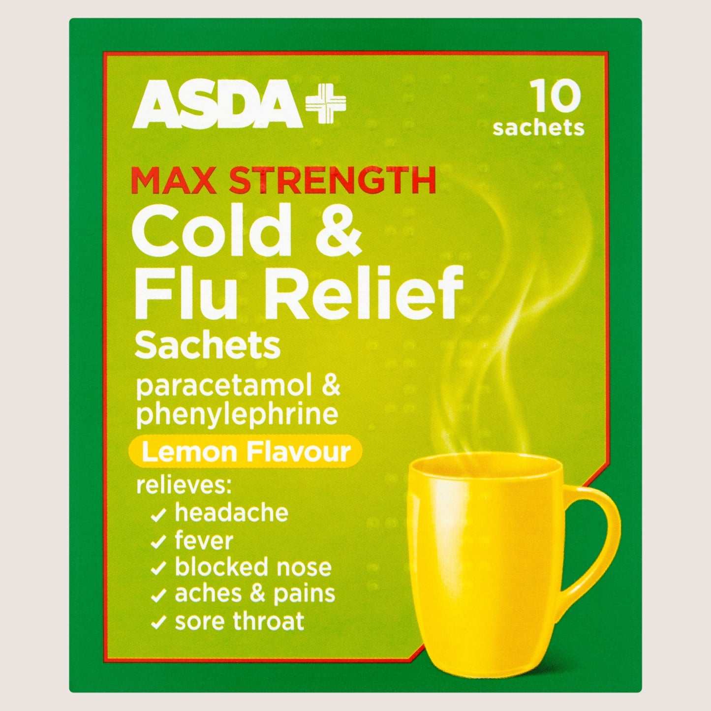 ASDA Max Strength Cold & Flu Relief Sachets Lemon Flavour 10 Sachets