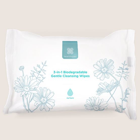 Healthspan Nurture 3−in−1 Biodegradable Gentle Cleansing Wipes