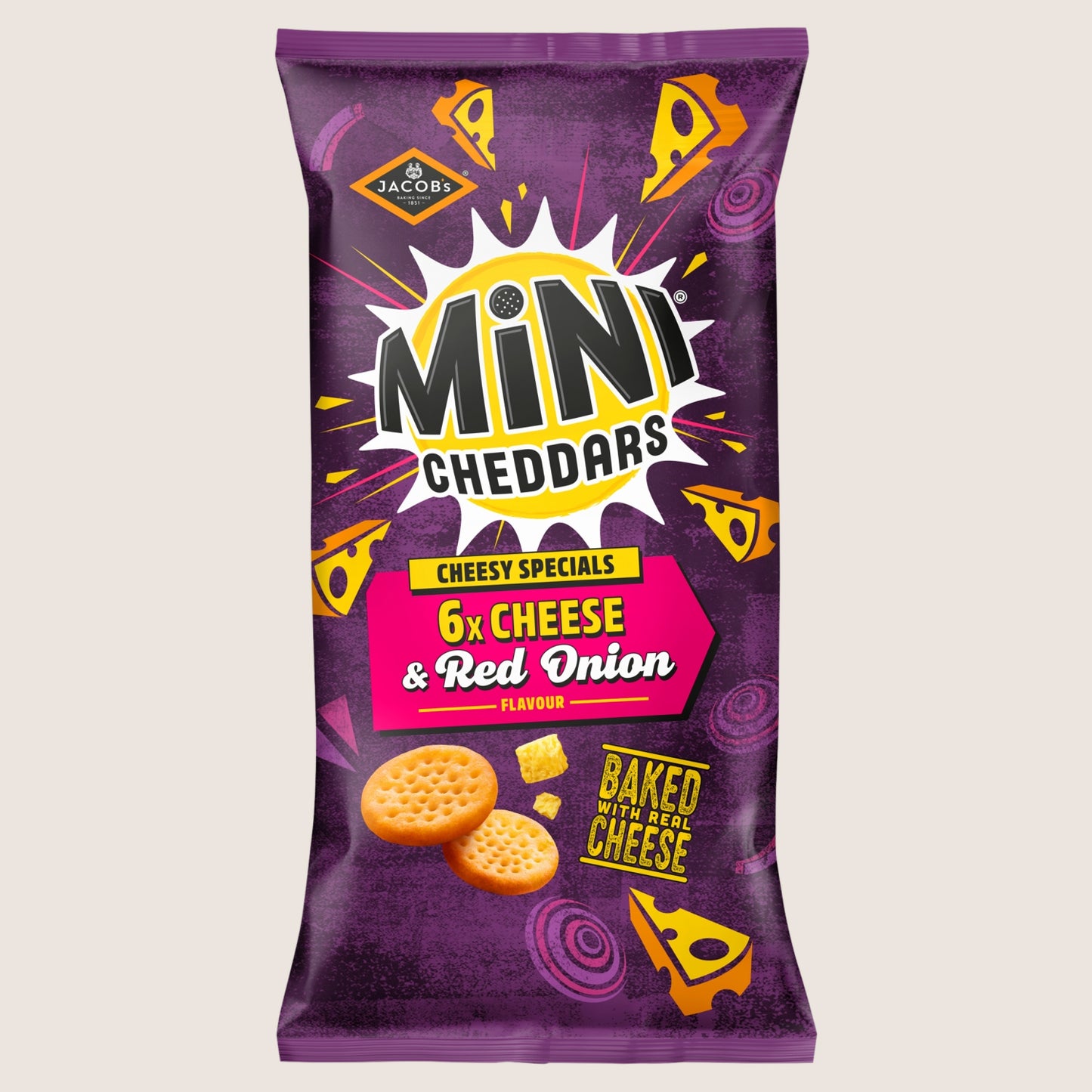 Jacob's Mini Cheddars Cheese & Red Onion Flavour No Artificial Additives 6x23g