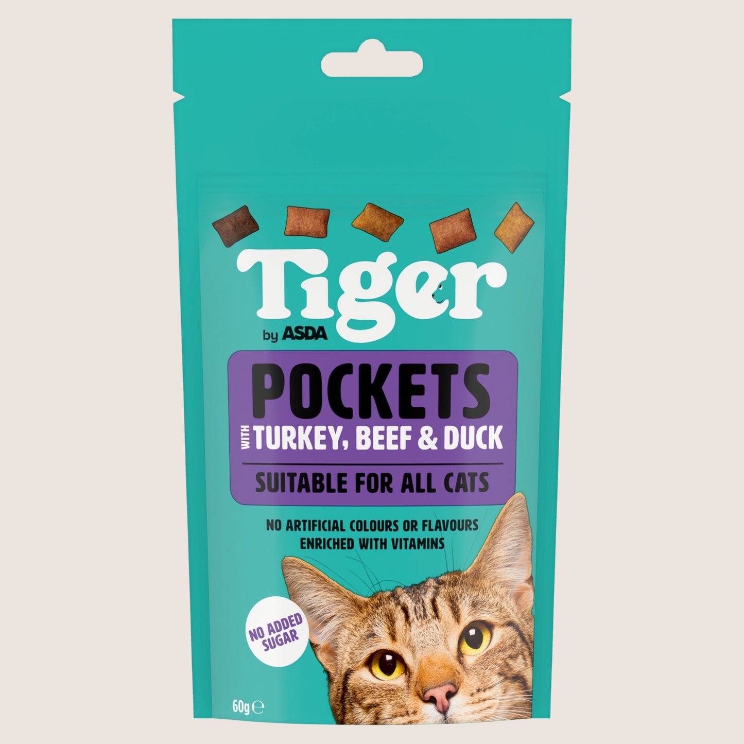 Tiger by ASDA Tiger Pockets with Turkey, Beef & Duck No Artificial Additives 60g