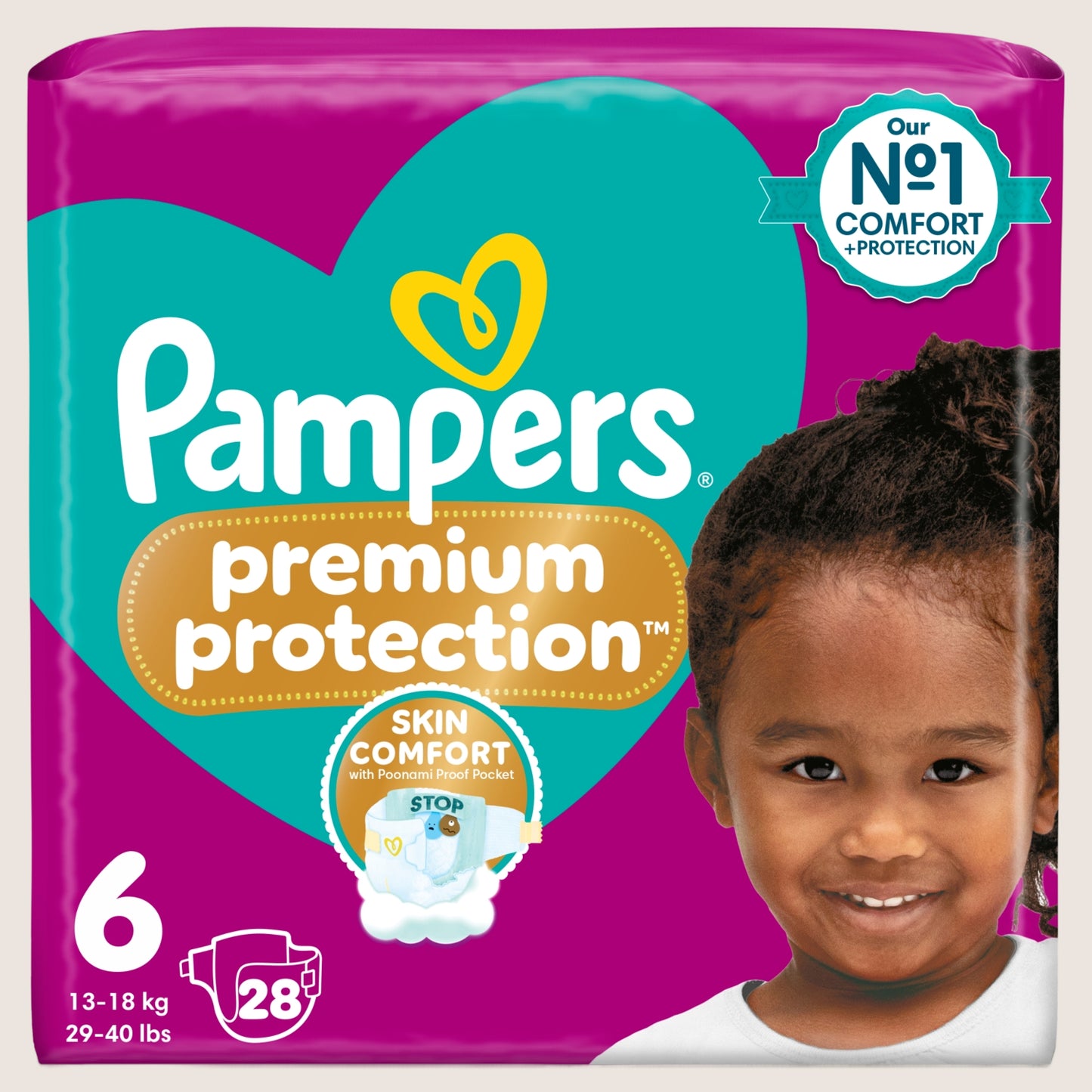 Pampers Premium Protection Size 6, 28 Baby Nappies, - Essential Pack Dermatologist Tested 13kg