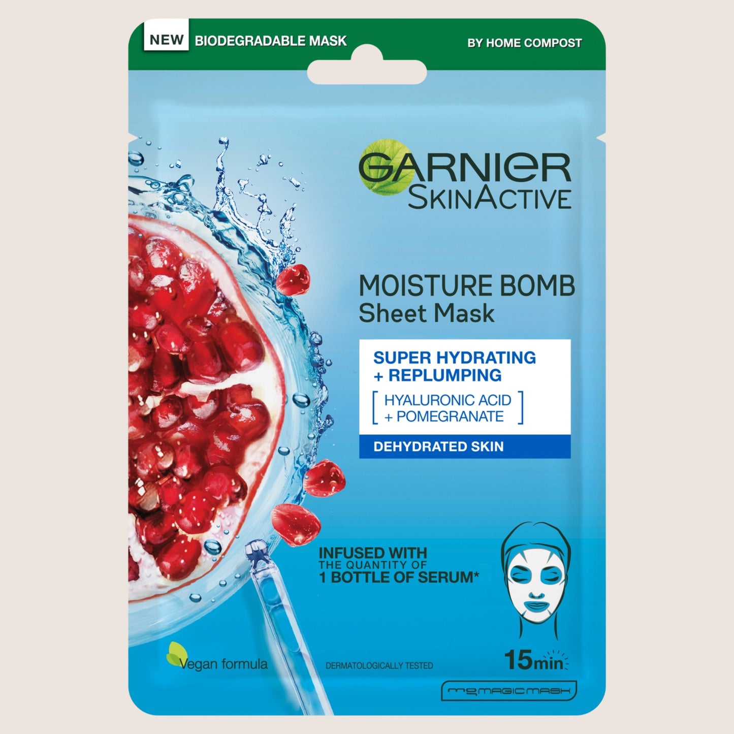 Garnier Moisture Bomb Pomegranate and Hyaluronic Acid Sheet Mask Hydrating & Replumping Gentle Formula 28g