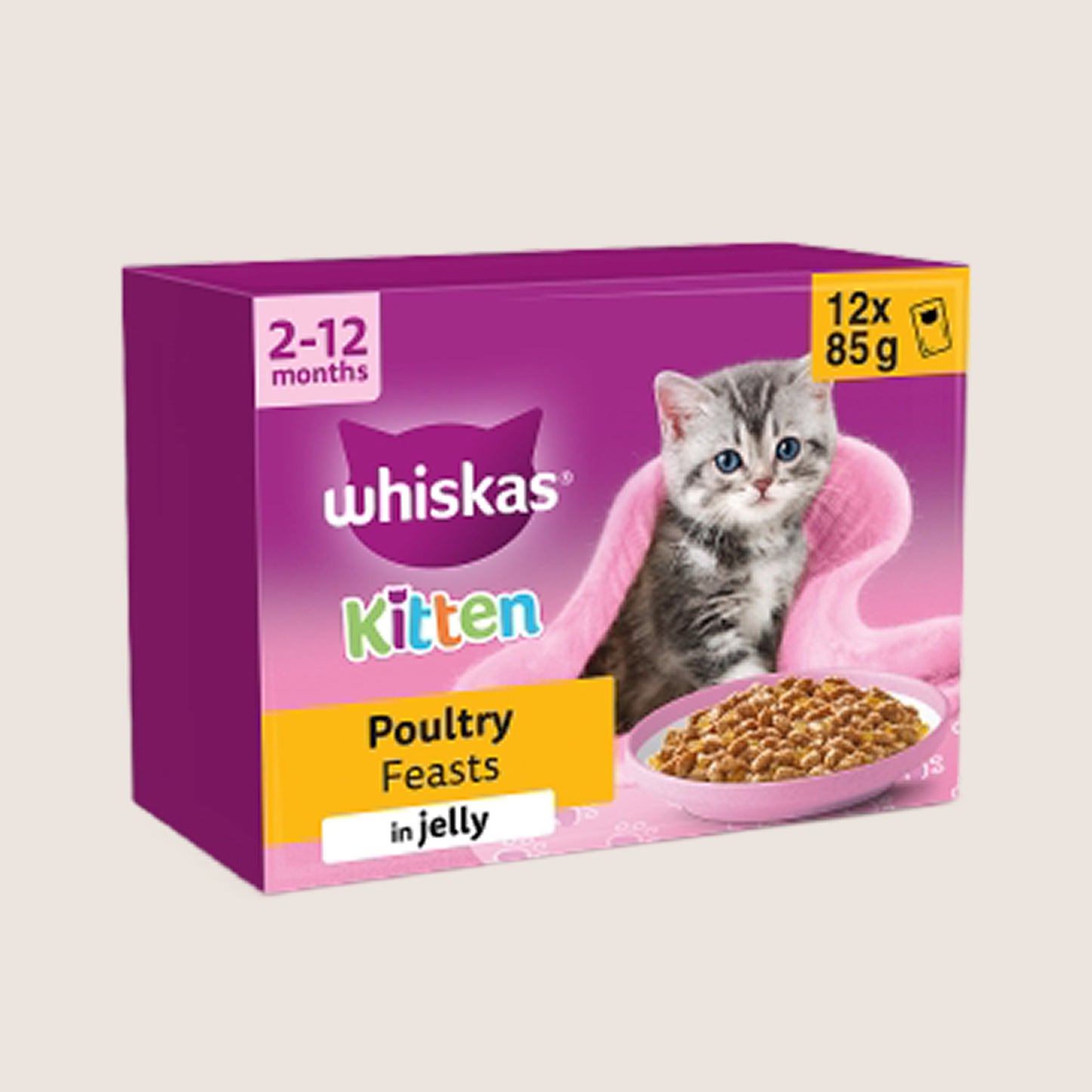 Whiskas Kitten 2-12 mnths POULTRY Feasts Wet Cat Food Pouches in Jelly For Growing Pets 12 x 85g