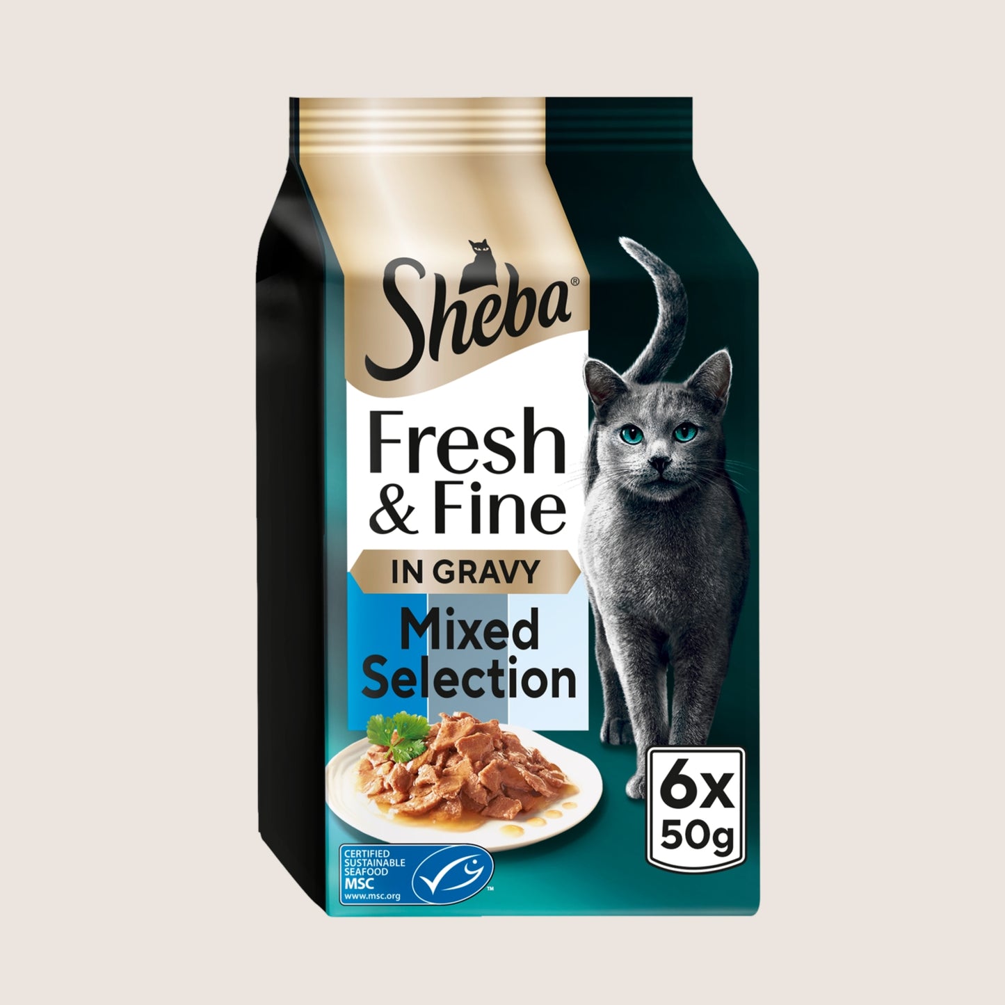 Sheba Fresh & Fine Adult Wet Cat Food Tuna and Cod in Gravy Pouches With Taurine 6x50g