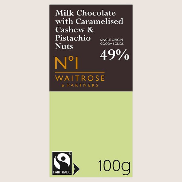 Waitrose No.1 Fairtrade Milk Chocolate with Hazelnut, Caramelised Cashew & Pistachio Nuts Pure Indulgence 100G