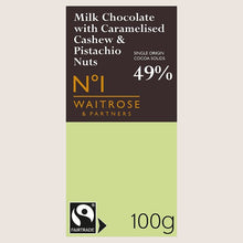 Waitrose No.1 Fairtrade Milk Chocolate with Hazelnut, Caramelised Cashew & Pistachio Nuts Pure Indulgence 100G