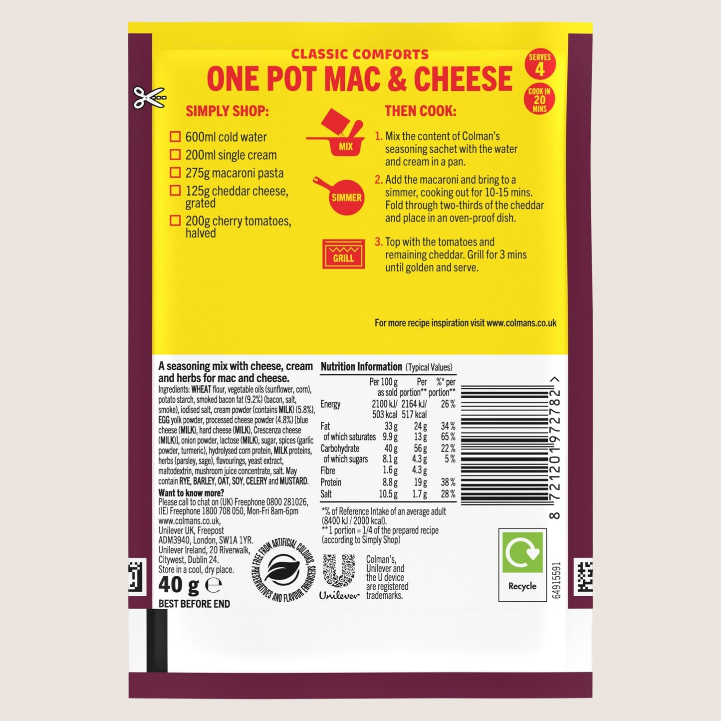 Colman's Classic Comforts Meal Maker One Pot Mac and Cheese No Artificial Additives 40 g