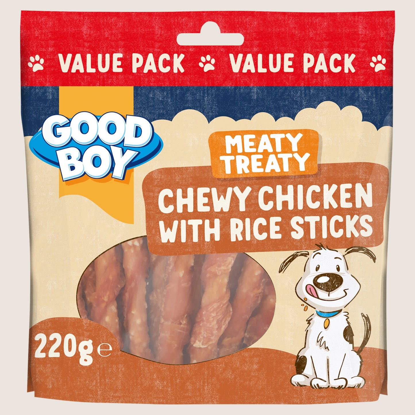 Good Boy Meaty Treaty Chewy Chicken with Rice Sticks No Artificial Additives 220g
