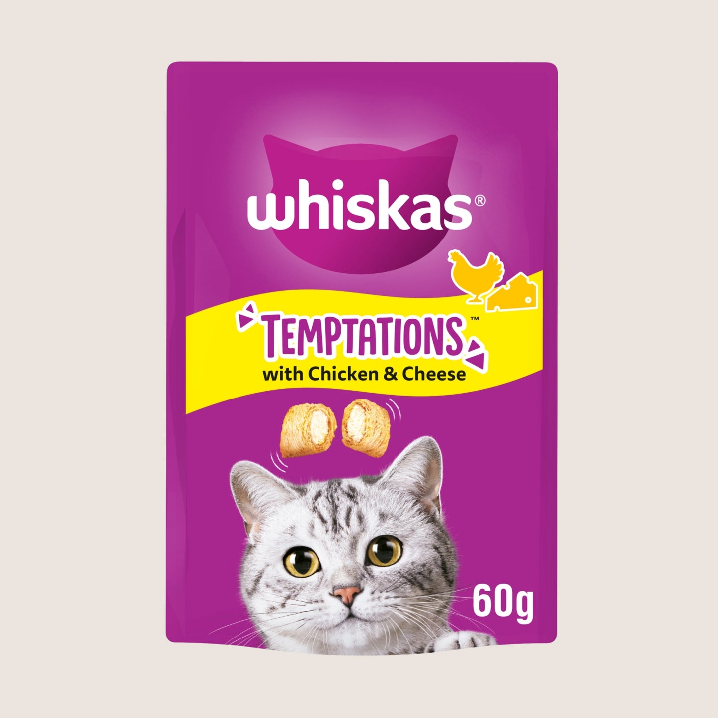 Whiskas TEMPTATIONS™ Adult Cat Treats with Chicken & Cheese Nutritionally Complete 60g