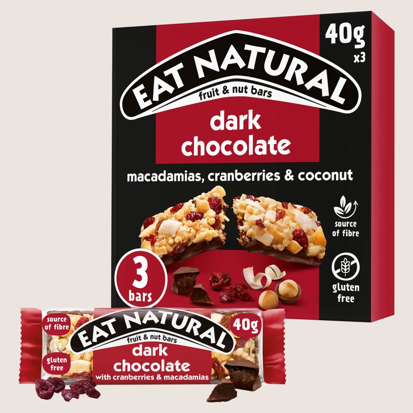 Eat Natural Dark Chocolate with Cranberries & Macadamias Fruit & Nut Bars Gluten Free 3 x 40g