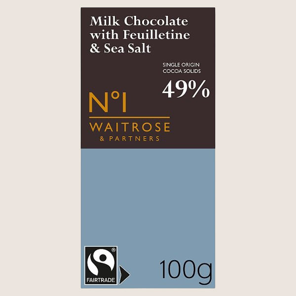 Waitrose No.1 Fairtrade Milk Chocolate with Feuilletine & Sea Salt Pure Indulgence 100G