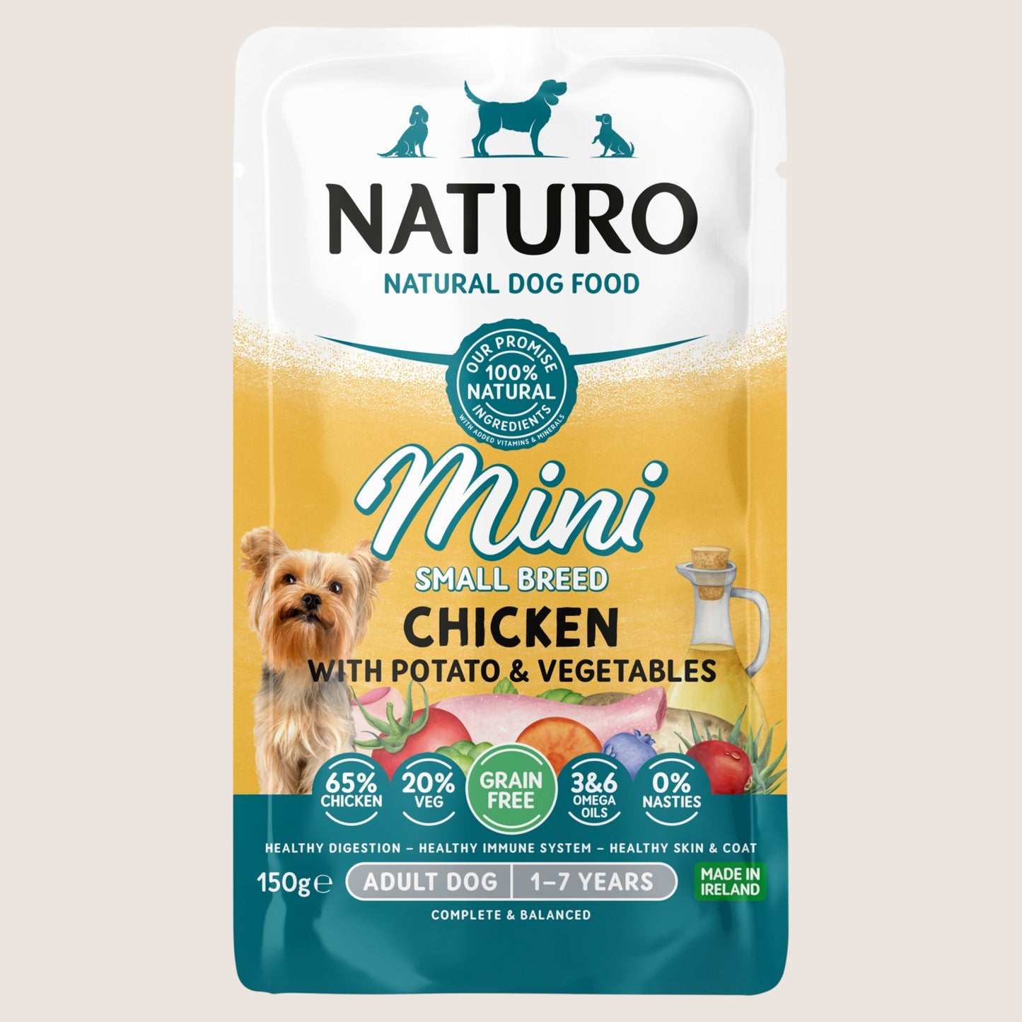 Naturo Natural Dog Food Mini Small Breed Chicken with Potato & Vegetables Adult Dog 1-7 Years Grain Free 150g