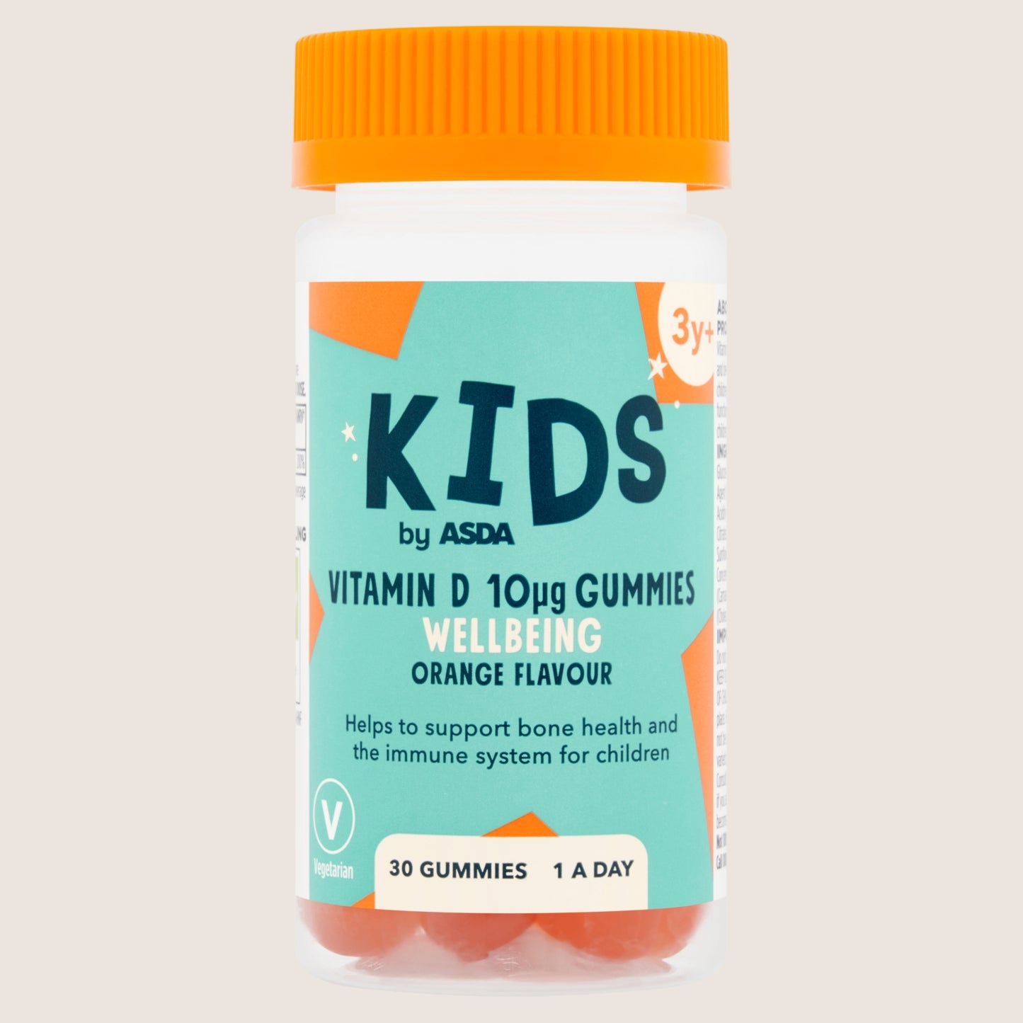 ASDA Kids by Wellbeing Orange Flavour Vitamin D 10μg 1 a Day 3y+ 30 Gummies