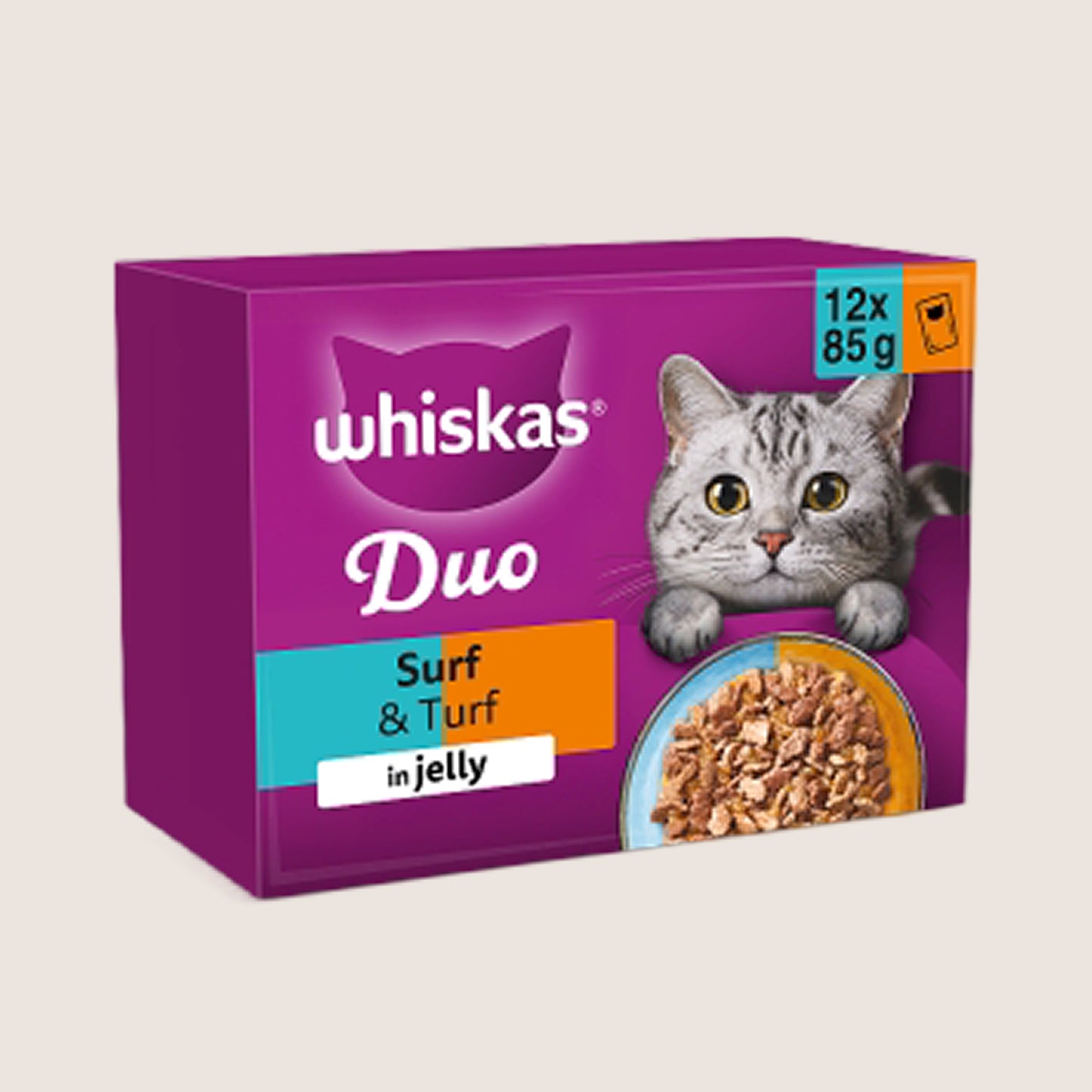 Whiskas 1+ DUO Surf & Turf Wet Cat Food Pouches in Jelly With Taurine 12 x 85g