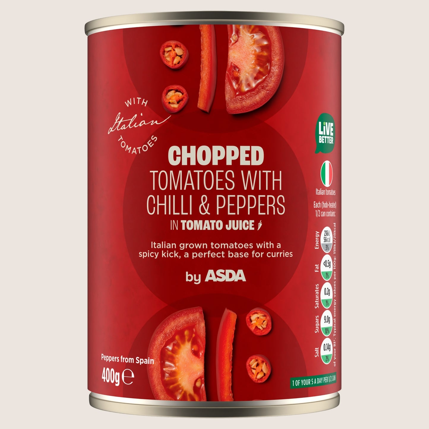 ASDA Chopped Tomatoes with Chilli and Peppers Sun Ripened Tomatoes 400g