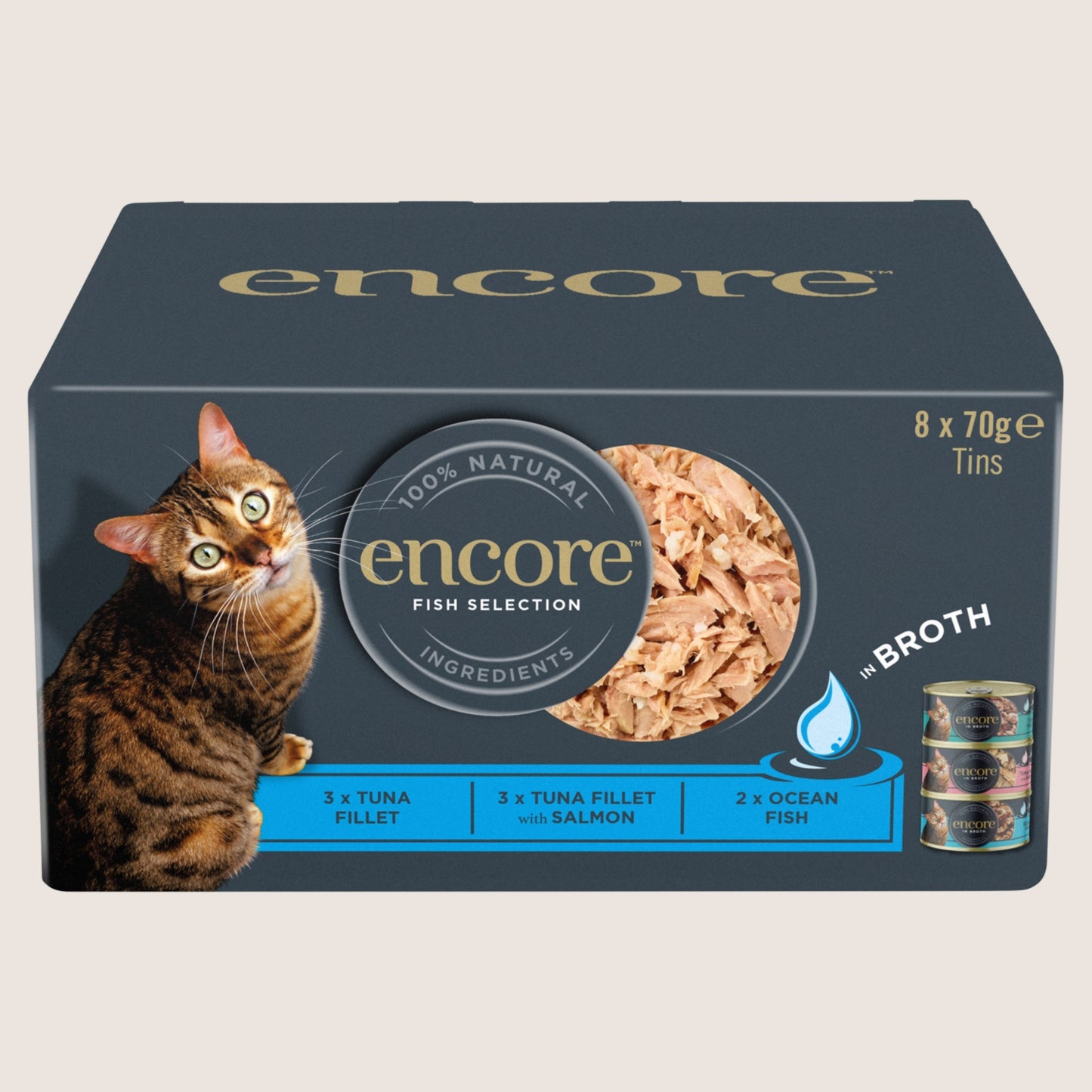 Encore Natural Wet Cat Food Fish Selection Broth Tins With Omega Oils 8 x 70g