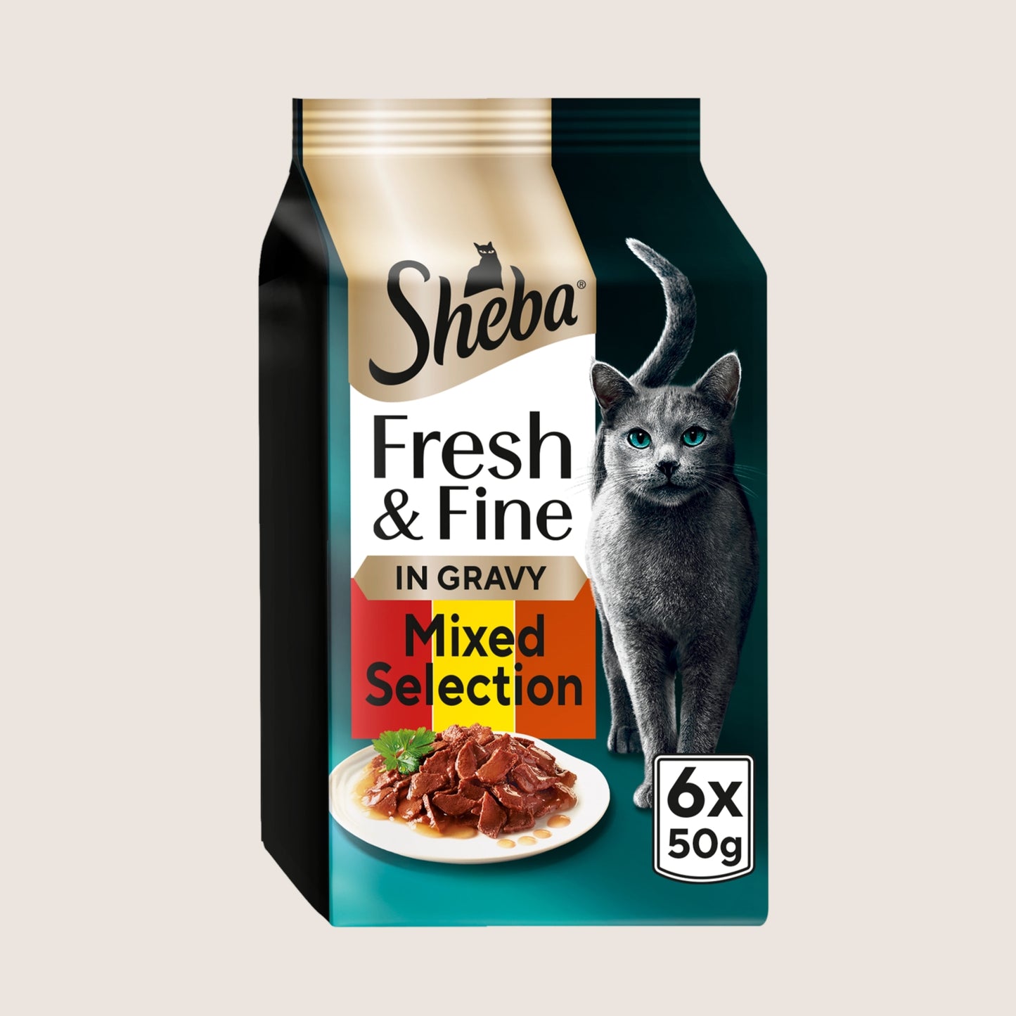 Sheba Fresh & Fine Adult Wet Cat Food Beef & Chicken Gravy Pouches No Artificial Additives 6 x 50g