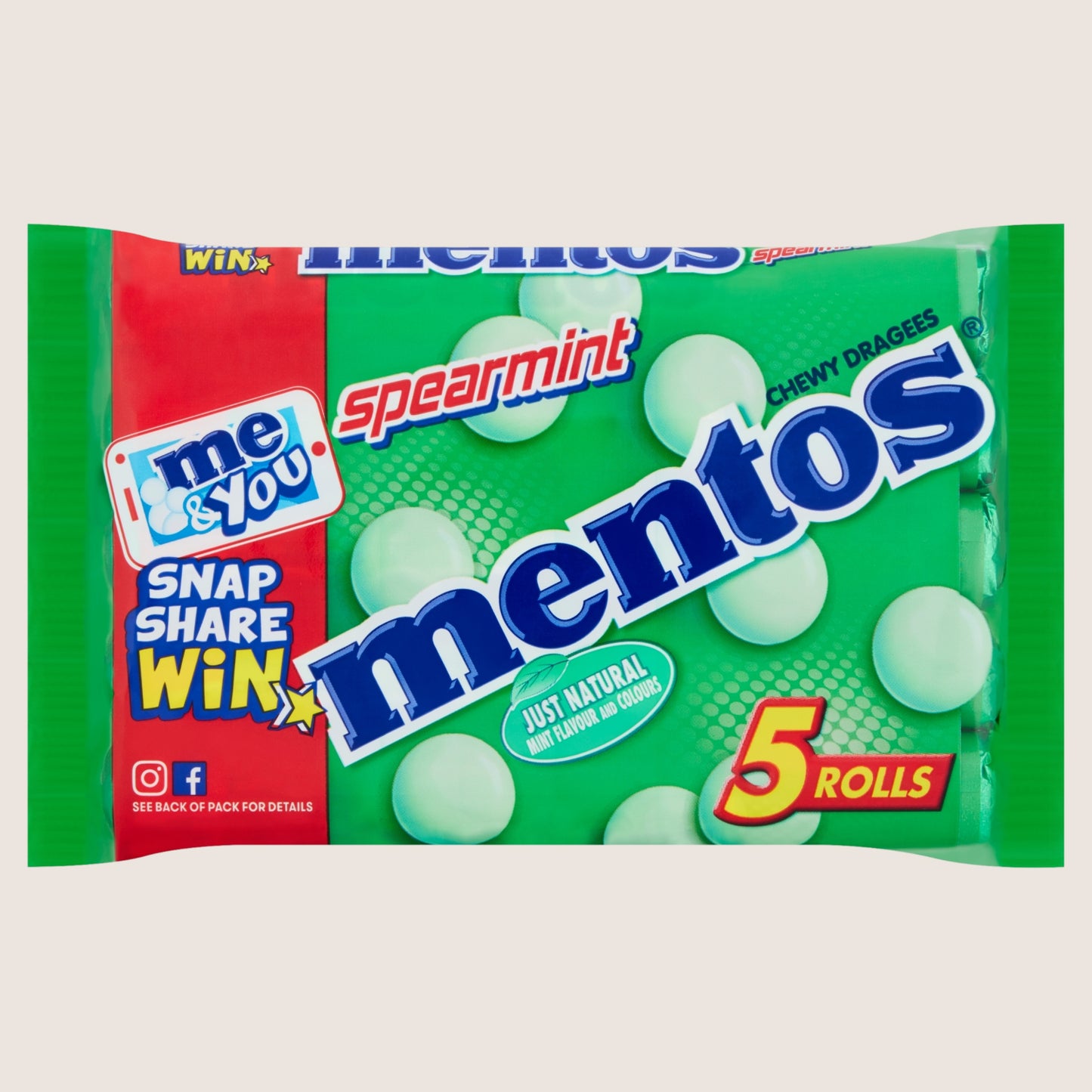 Mentos Spearmint Chewy Dragees Rolls 5 Pack 5 x 37.5g