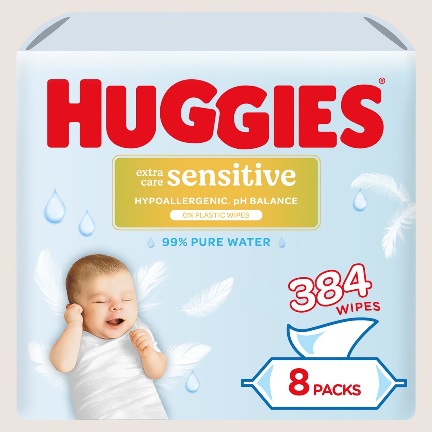 Huggies Pure Extra Care Sensitive Plastic Free Baby wipes - 8 packs of Sensitive Skin 48 Wipe