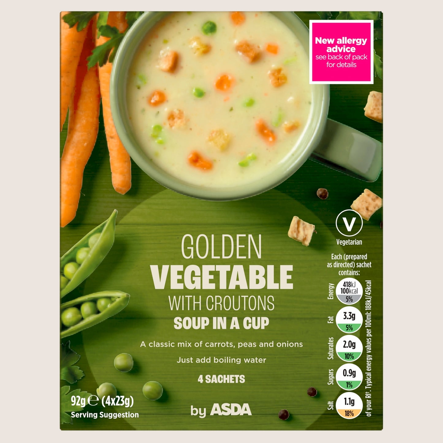 ASDA Golden Vegetable Soup in a Cup with Croutons No Artificial Additives 4 x 23g