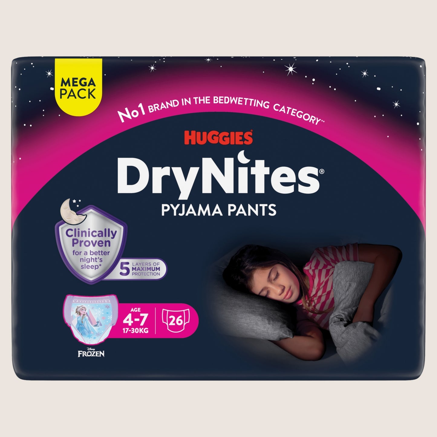 Huggies DryNites MEGA Bedwetting Pyjama Nappy Pants Girl 4-7yrs 26 Pants Gentle Formula